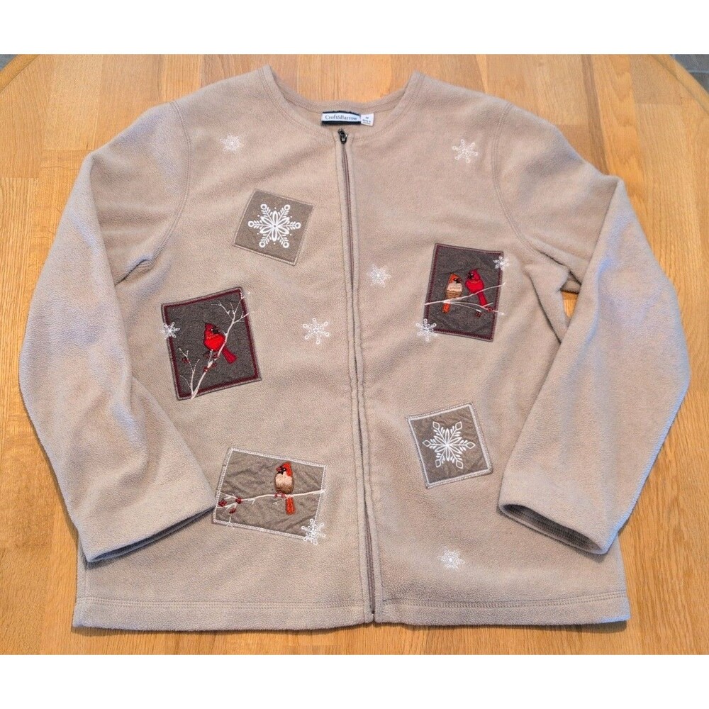 Croft & Barrow Tan Fleece Zip Up Cardinal Snowflake Winter Sweater Sz M Holiday